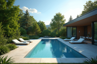 Piscine moderne dans un jardin avec forêt protégée en arrière-plan
