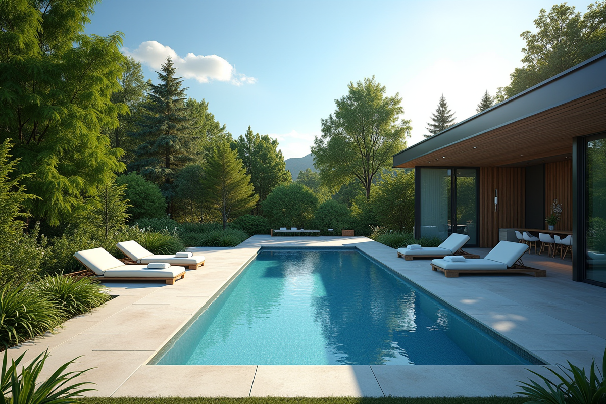 Piscine moderne dans un jardin avec forêt protégée en arrière-plan