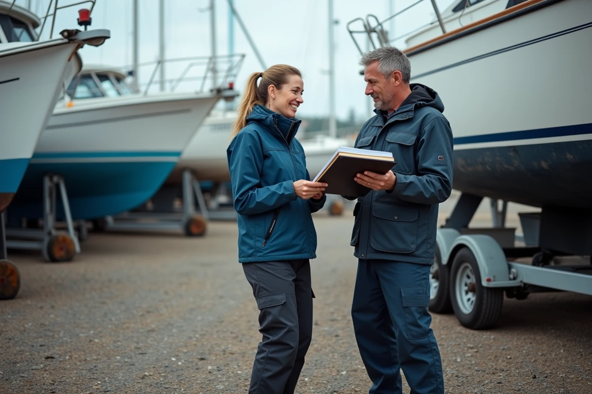 Plaisancière et mécanicien consultant un carnet d'entretien bateau dans un chantier naval