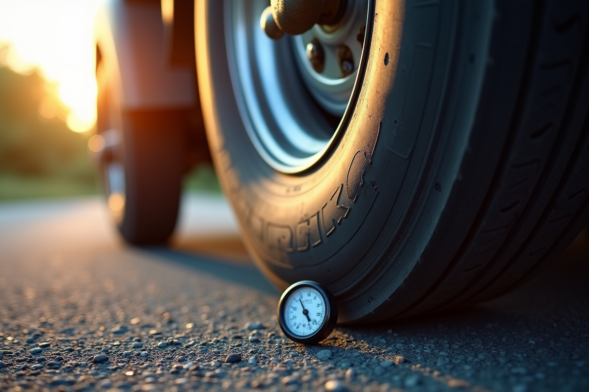 Gros plan d'un pneu de remorque usé sur la route avec jauge de pression