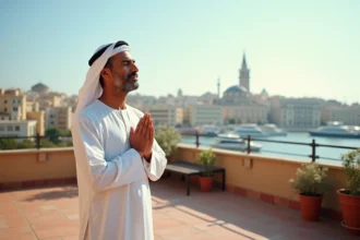 Homme en djellaba blanche priant sur une terrasse avec vue sur le port de Marseille et Notre-Dame de la Garde