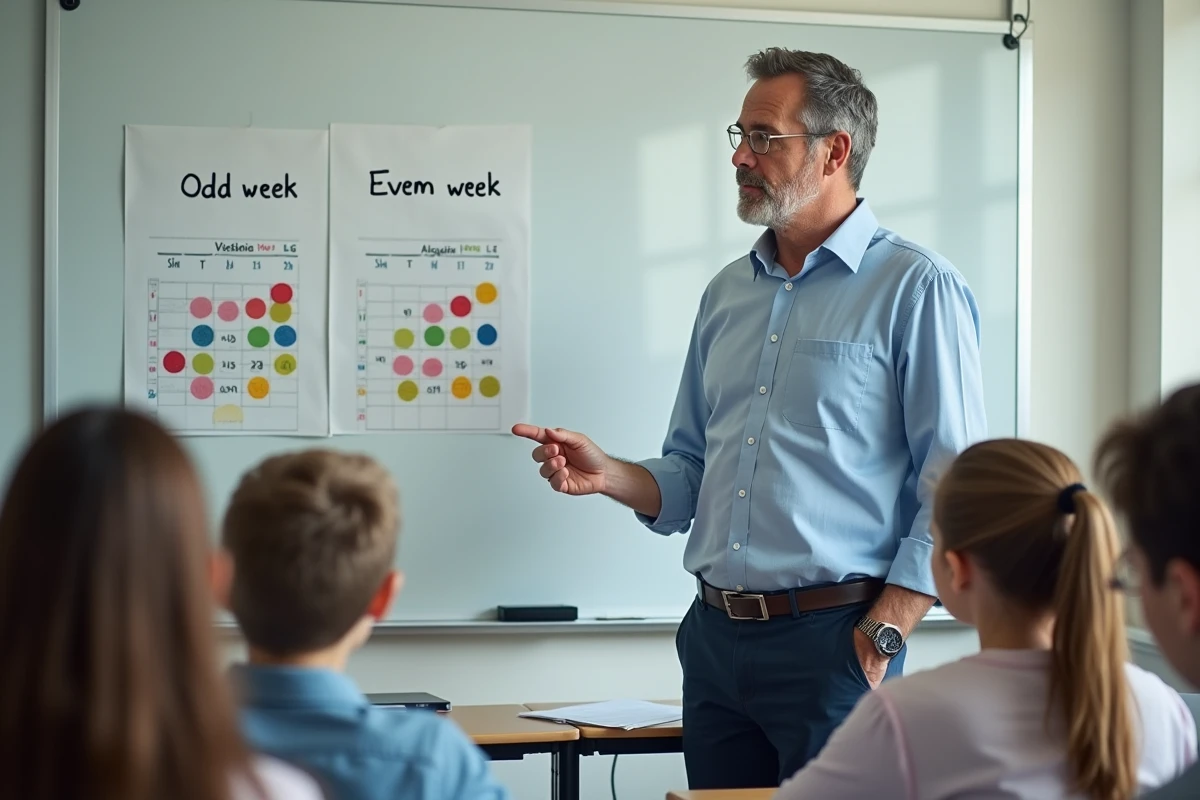 Professeur devant tableau avec élèves en classe moderne