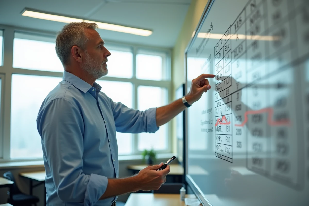 Professeur de sciences expliquant un tableau de conversion litre cm3 au tableau dans une salle de classe