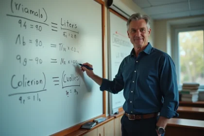 Professeur de mathématiques devant un tableau de conversion litres et mètres cubes au tableau blanc