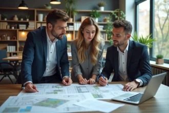 Groupe de professionnels discutant autour d'une table avec plans et ordinateurs