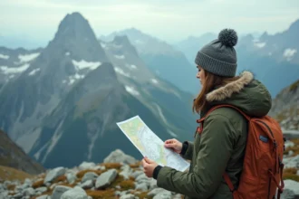 Randonneuse consultant une carte topographique dans un col des Alpes françaises avec panorama montagneux enneigé