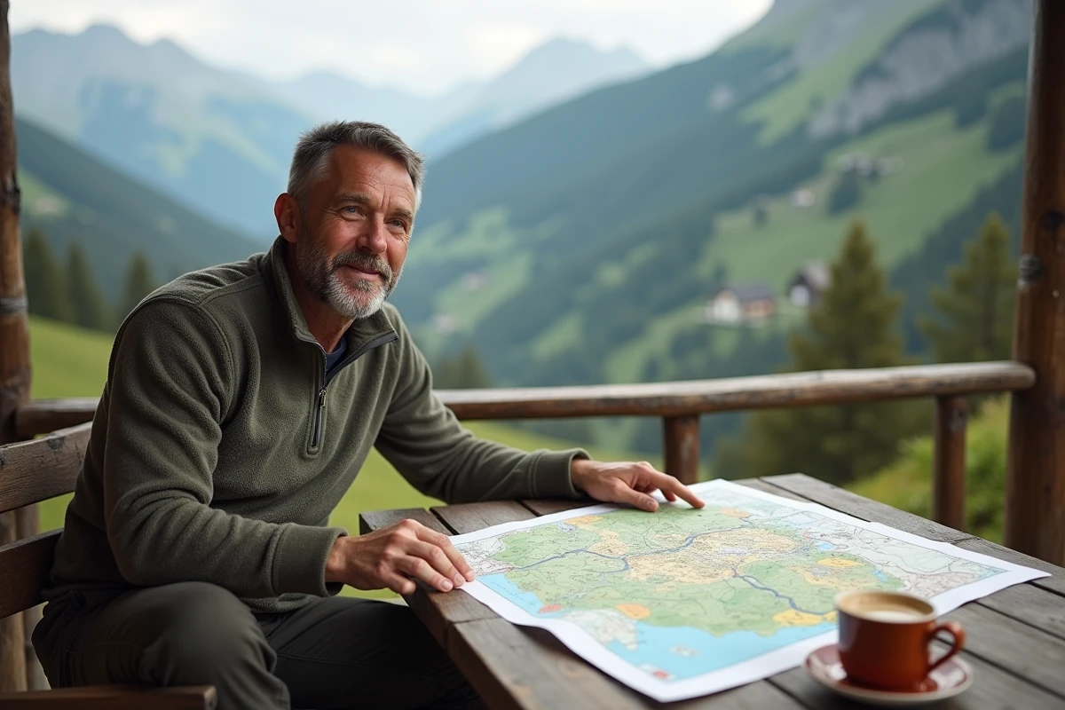 Homme examinant une carte de randonnée sur la terrasse d'un refuge pyrénéen avec vue sur les vallées verdoyantes