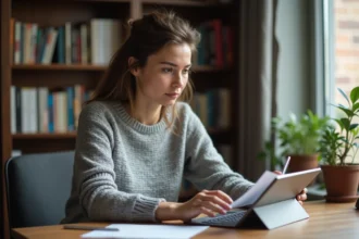 Femme ajustant les réglages d'affichage d'une tablette pour lire un scan numérique dans un bureau à domicile