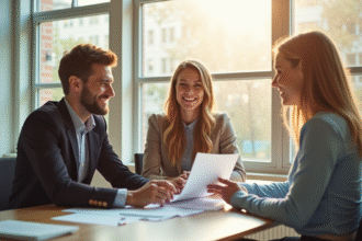 Jeune couple rencontrant un conseiller immobilier dans un bureau lumineux