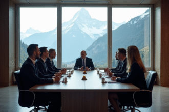 Réunion d'affaires dans une salle avec vue sur le Mont Blanc