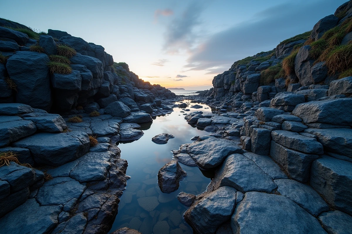 Rivage rocheux breton au crépuscule avec des rochers de schiste et des mares naturelles, paysage sauvage associé aux apparitions des Korrigans dans les légendes bretonnes