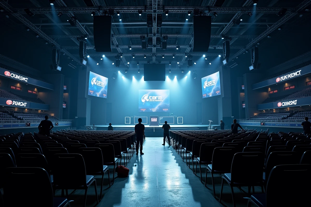 Salle de conférence vide prête pour le Summer Game Fest 2026 avec techniciens préparant la scène avant le show