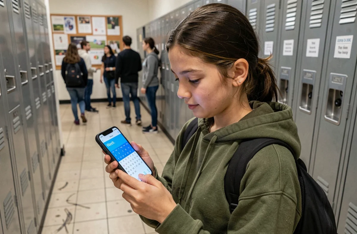 Adolescente vérifiant les semaines paires et impaires sur une application de calendrier smartphone dans un couloir scolaire