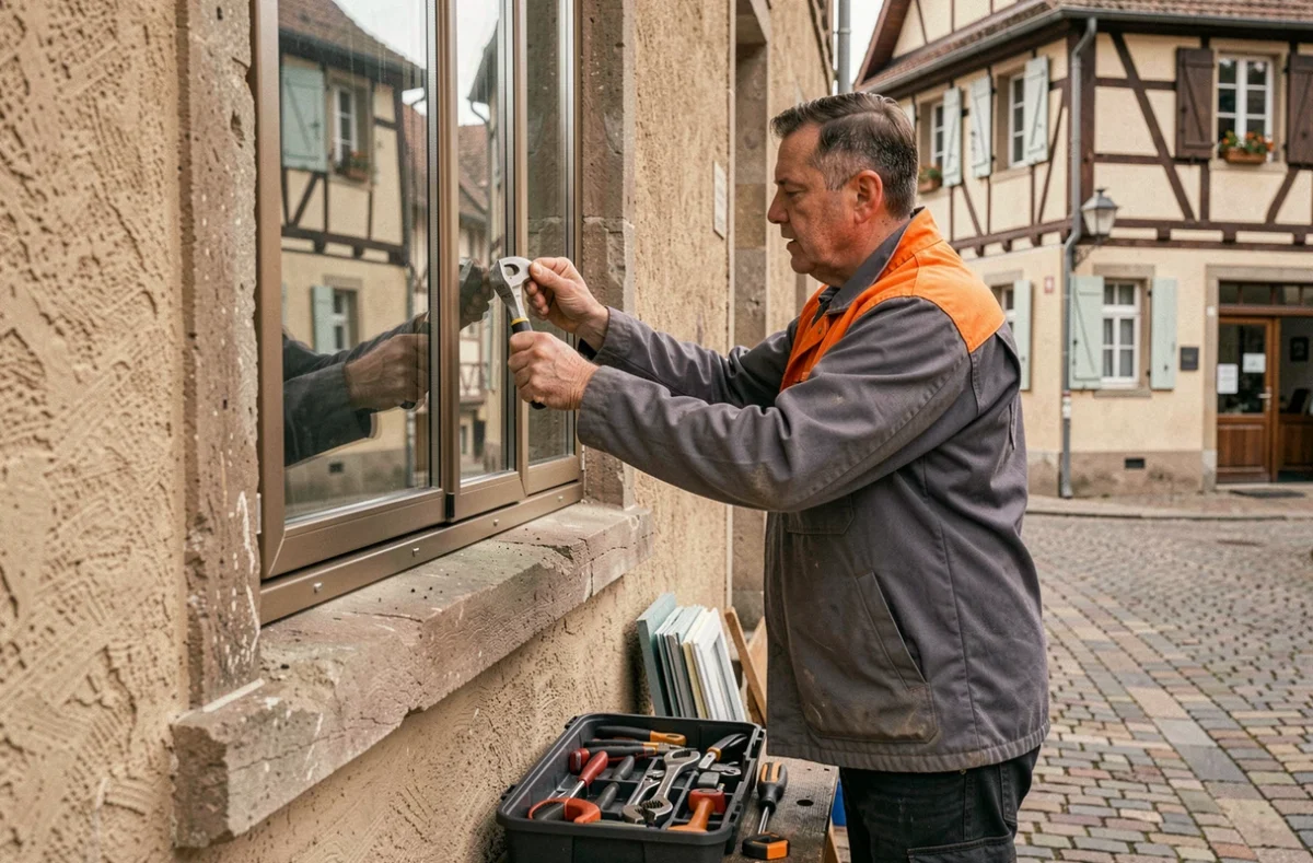 Vitrier-serrurier de la Serrurerie du Chamborand posant une vitre dans une menuiserie renforcée à Sarreguemines