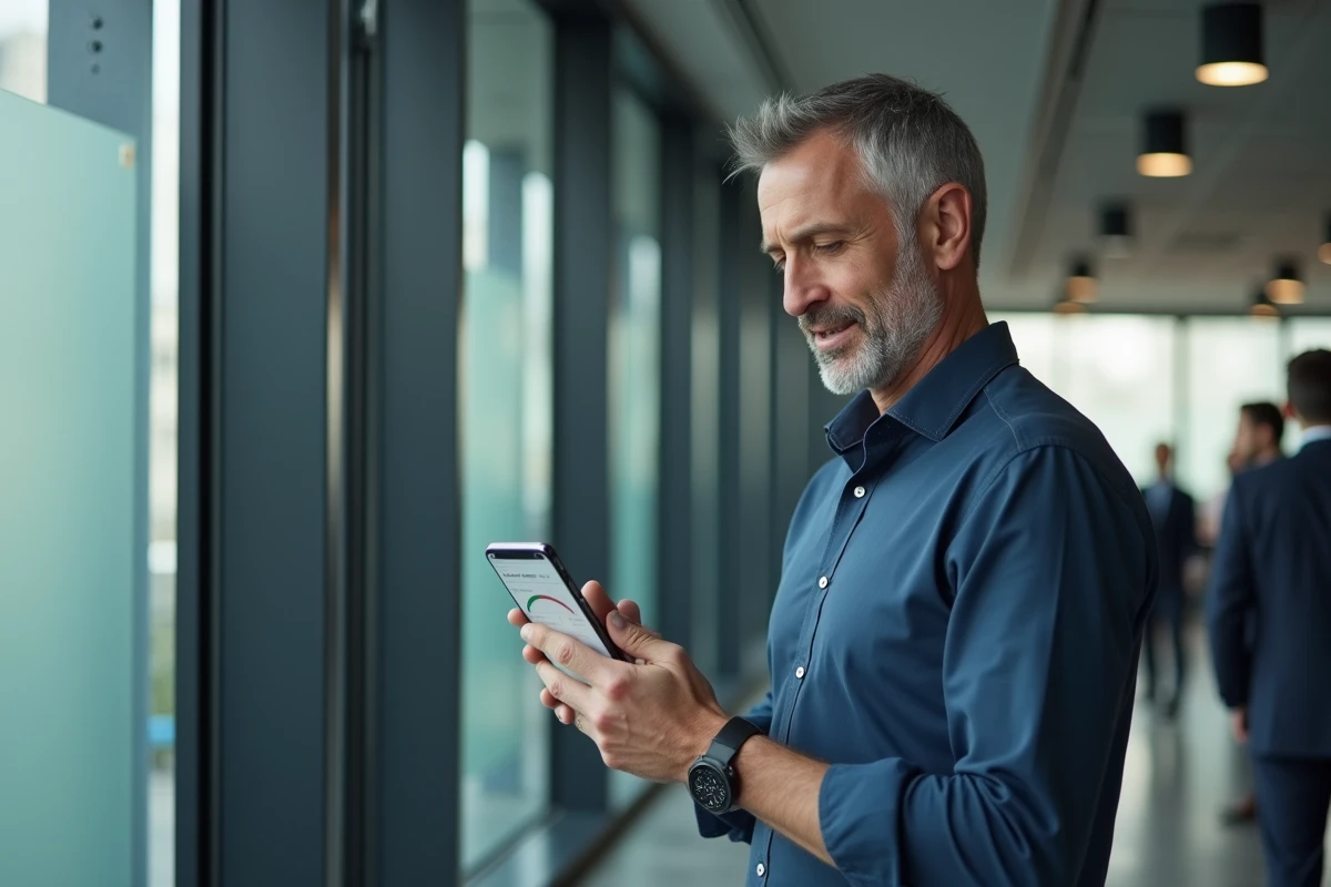 Homme en entreprise consultant un tableau de bord de confiance numérique sur son smartphone