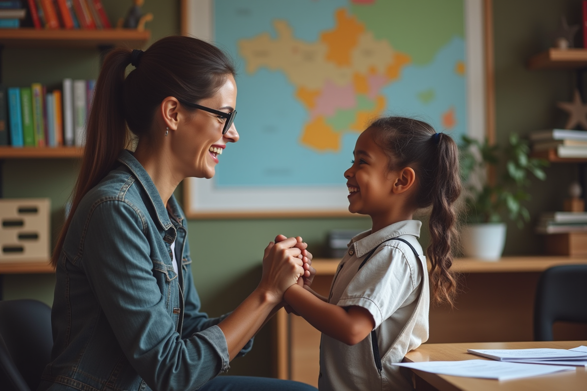 Travailleuse sociale accueillant un enfant souriant dans un bureau chaleureux