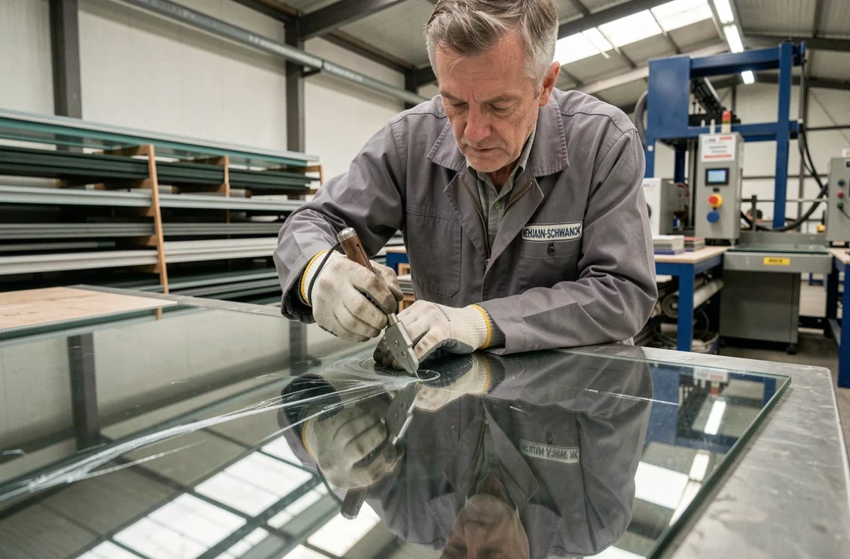 Artisan vitrier découpant un panneau de miroir sur mesure dans l'atelier de miroiterie Neumann-Schwanck en Moselle