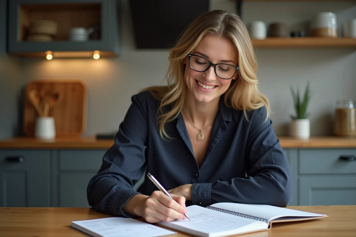 Femme écrivant des conversions pouces centimètres dans un carnet avec un tableau de conversion imprimé sur une table en bois