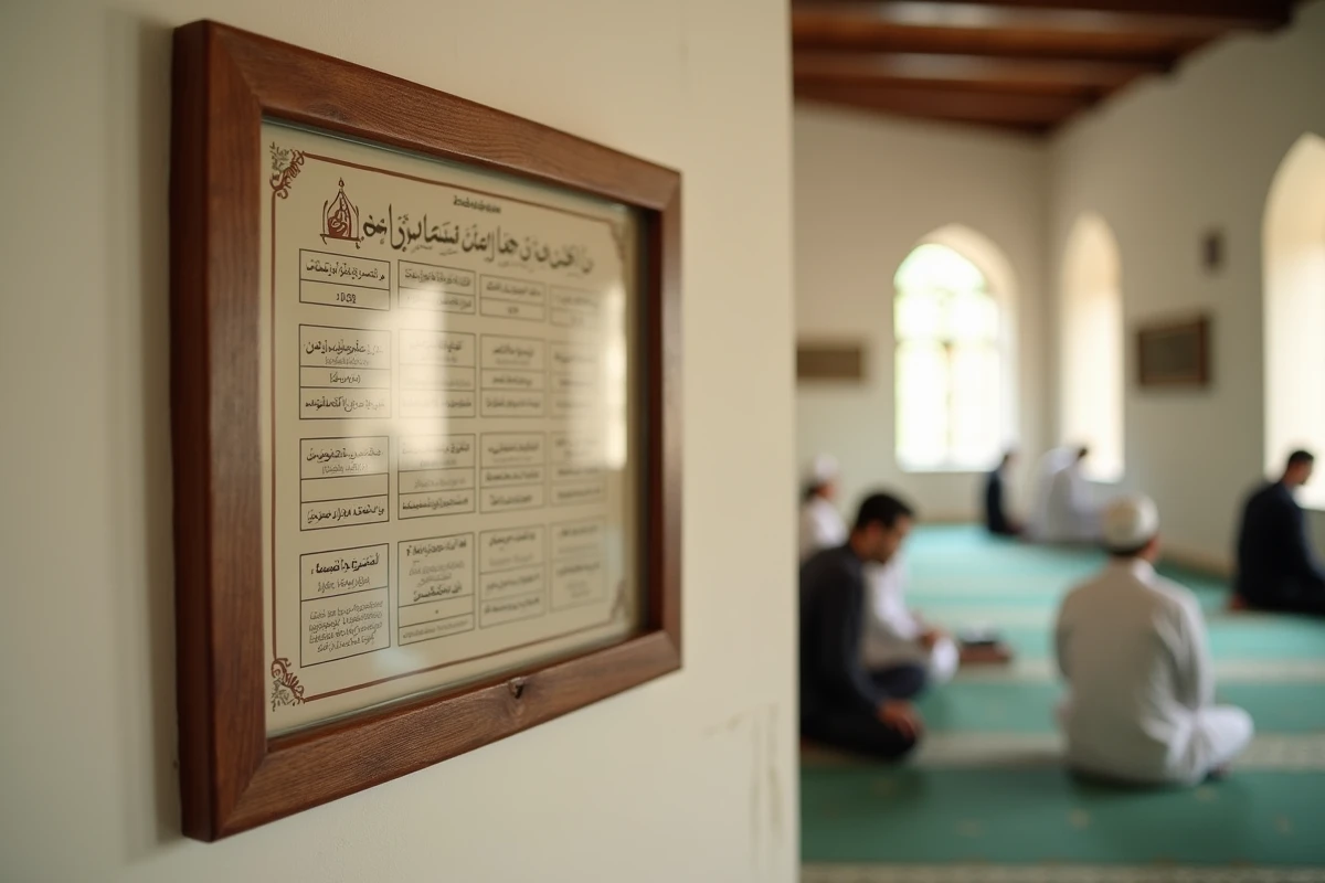 Tableau des horaires de prière en français et arabe affiché dans une mosquée de Bezons