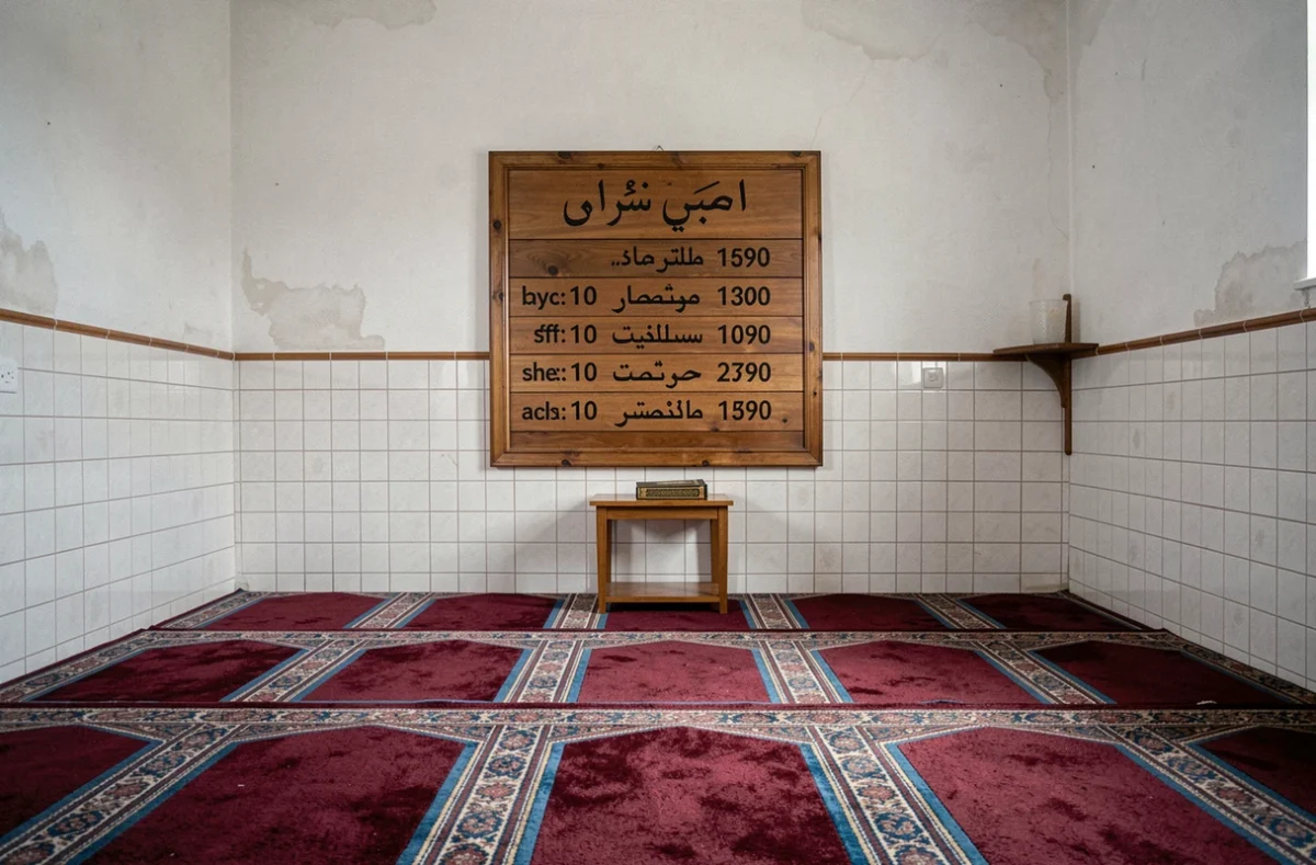 Tableau des horaires de prières affiché à l'intérieur d'une mosquée à Agen