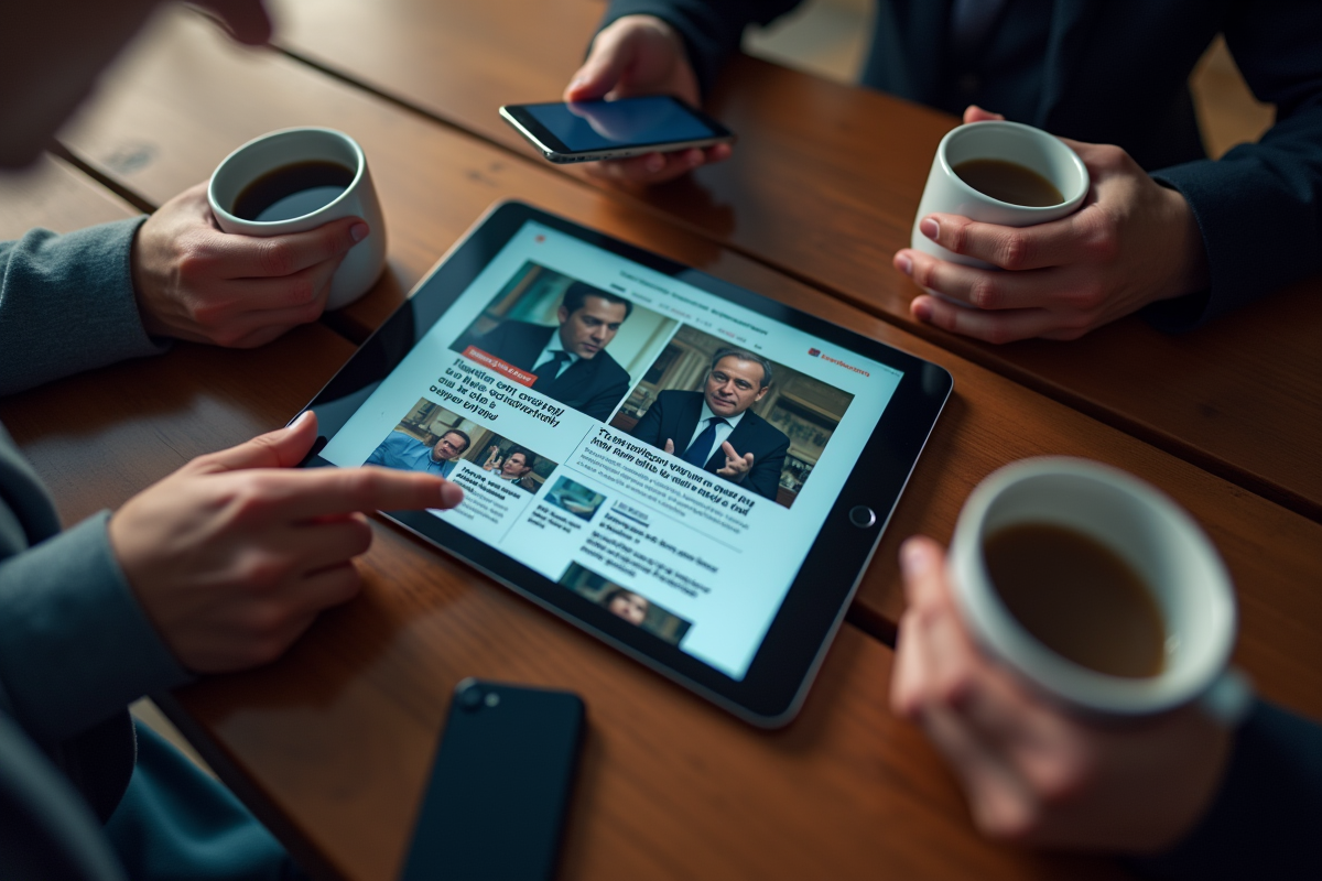 Gros plan sur une tablette avec actualites et mains autour