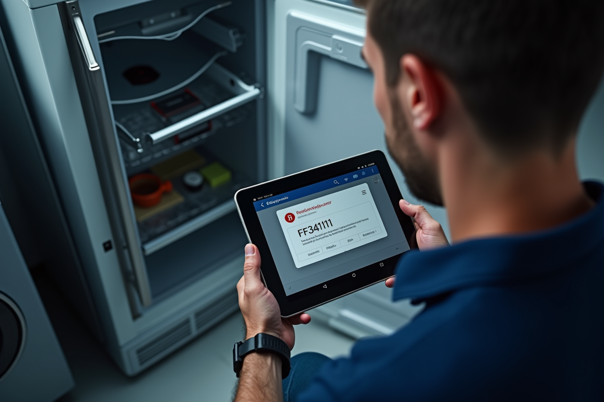 Technicien utilisant une tablette pour diagnostiquer un appareil avec erreur F3411