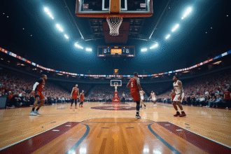 Vue d’un terrain de basketball professionnel en contre-plongée