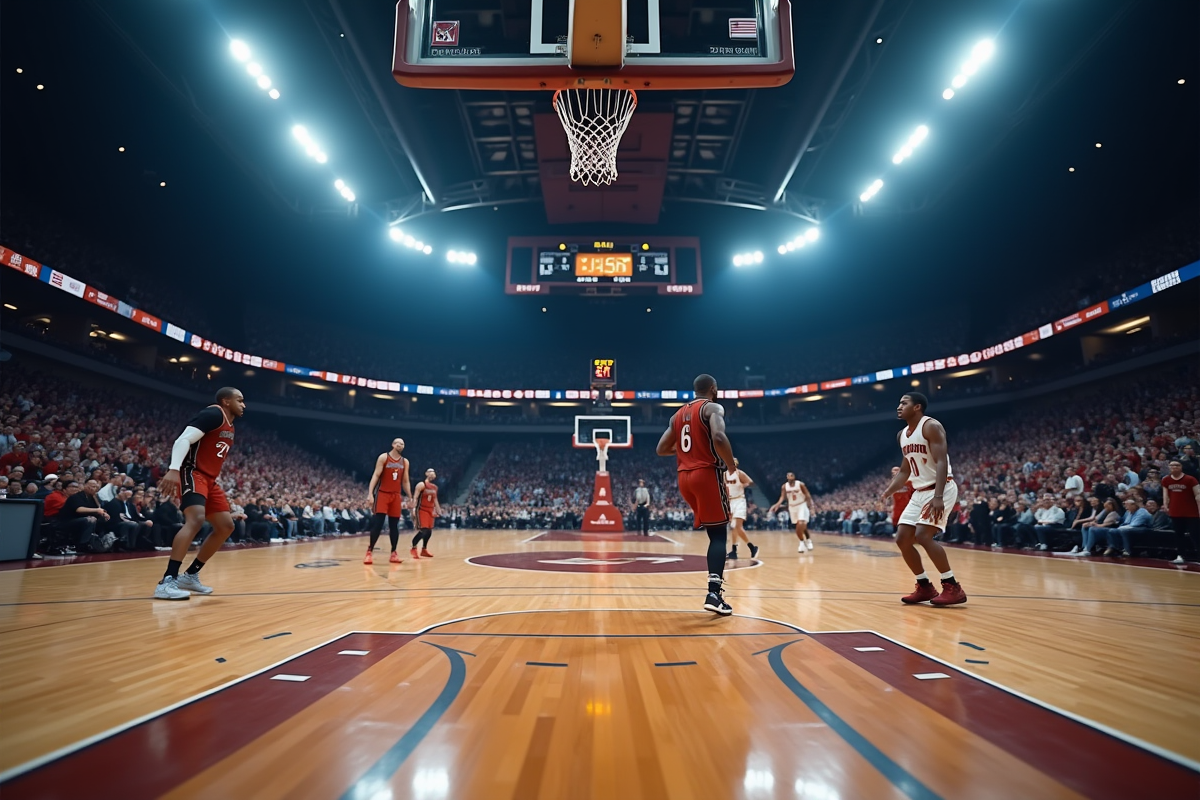 Vue d’un terrain de basketball professionnel en contre-plongée