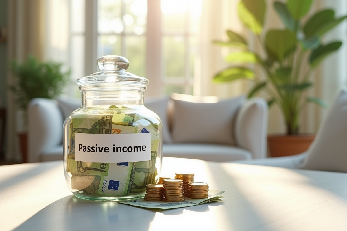 Tirelire avec euros et pièces dans un salon élégant et lumineux