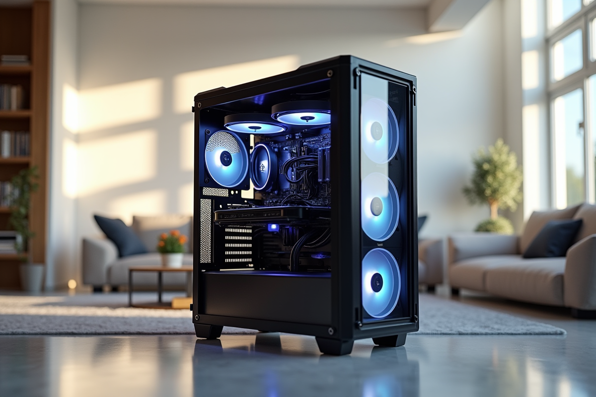 Tour PC ouverte avec composants haut de gamme dans un salon lumineux