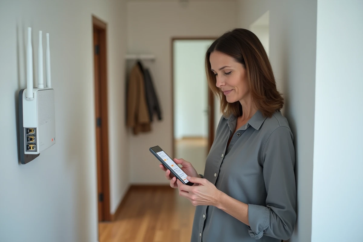 Femme vérifiant les appareils connectés à son réseau WiFi depuis une application de sécurité sur smartphone