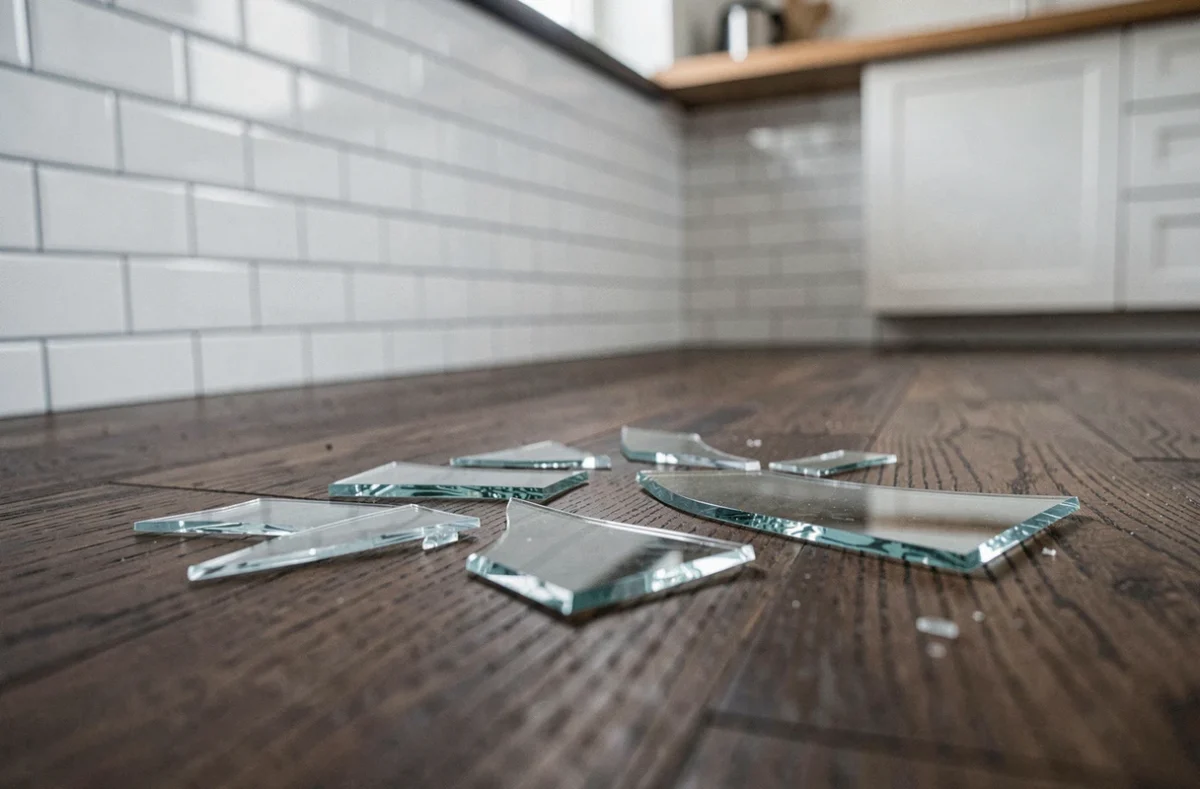Verre blanc cassé en morceaux sur un parquet sombre, tessons éparpillés sur le sol dans une cuisine minimaliste
