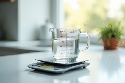 Verre mesureur rempli à 300 ml d'eau sur balance moderne