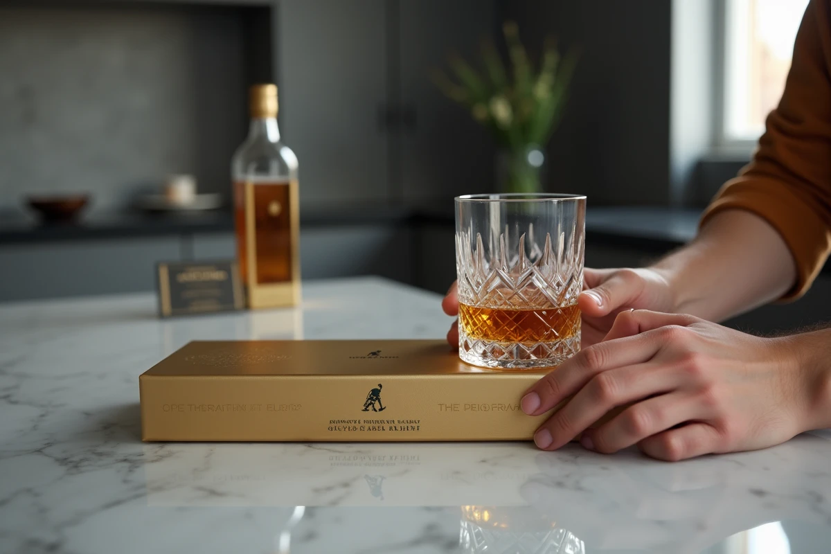 Gros plan d'un verre de whisky Scotch et d'un coffret cadeau Johnnie Walker Gold Label Reserve sur un plan de travail en marbre