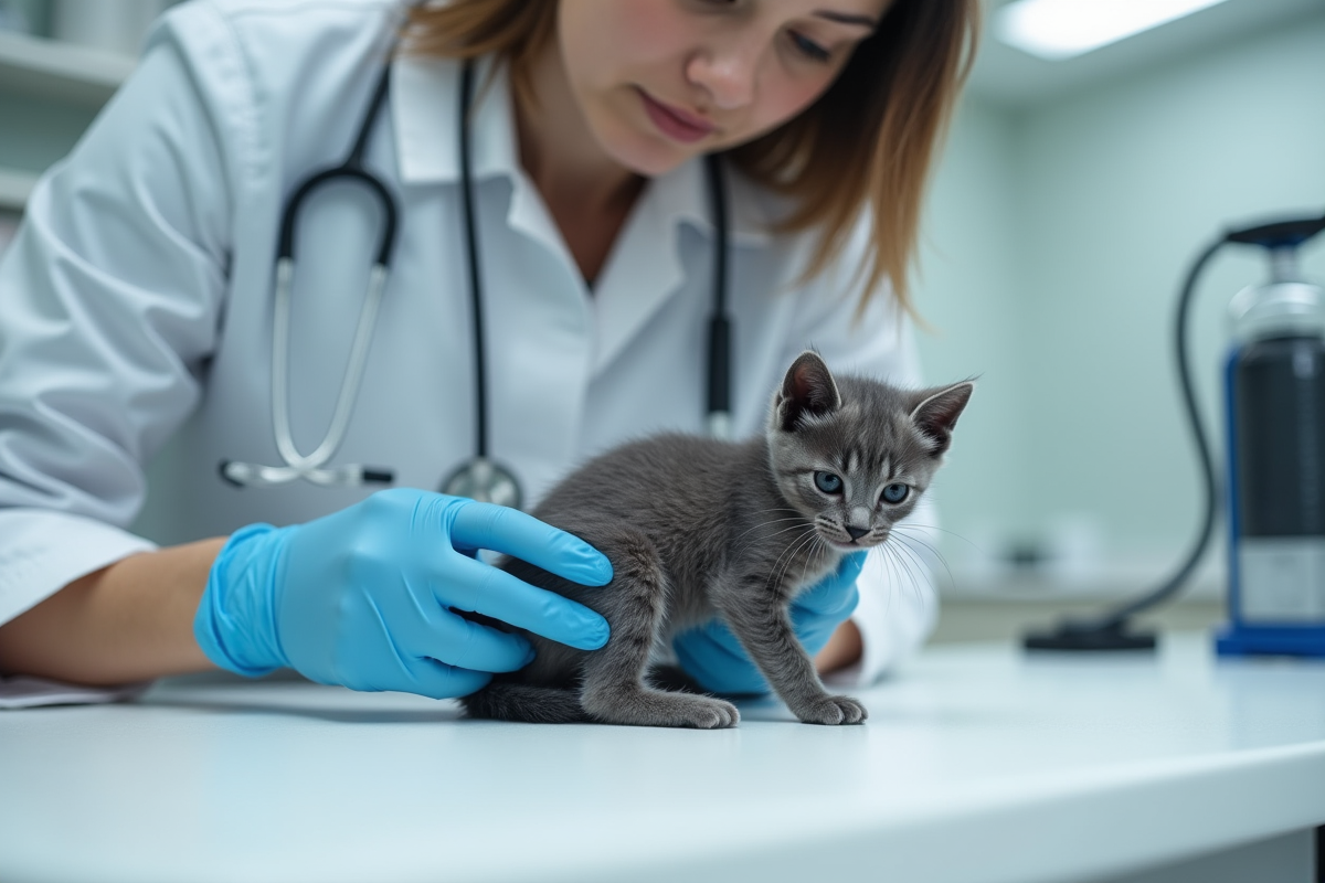 Vétérinaire examinant un chaton gris sur une table blanche