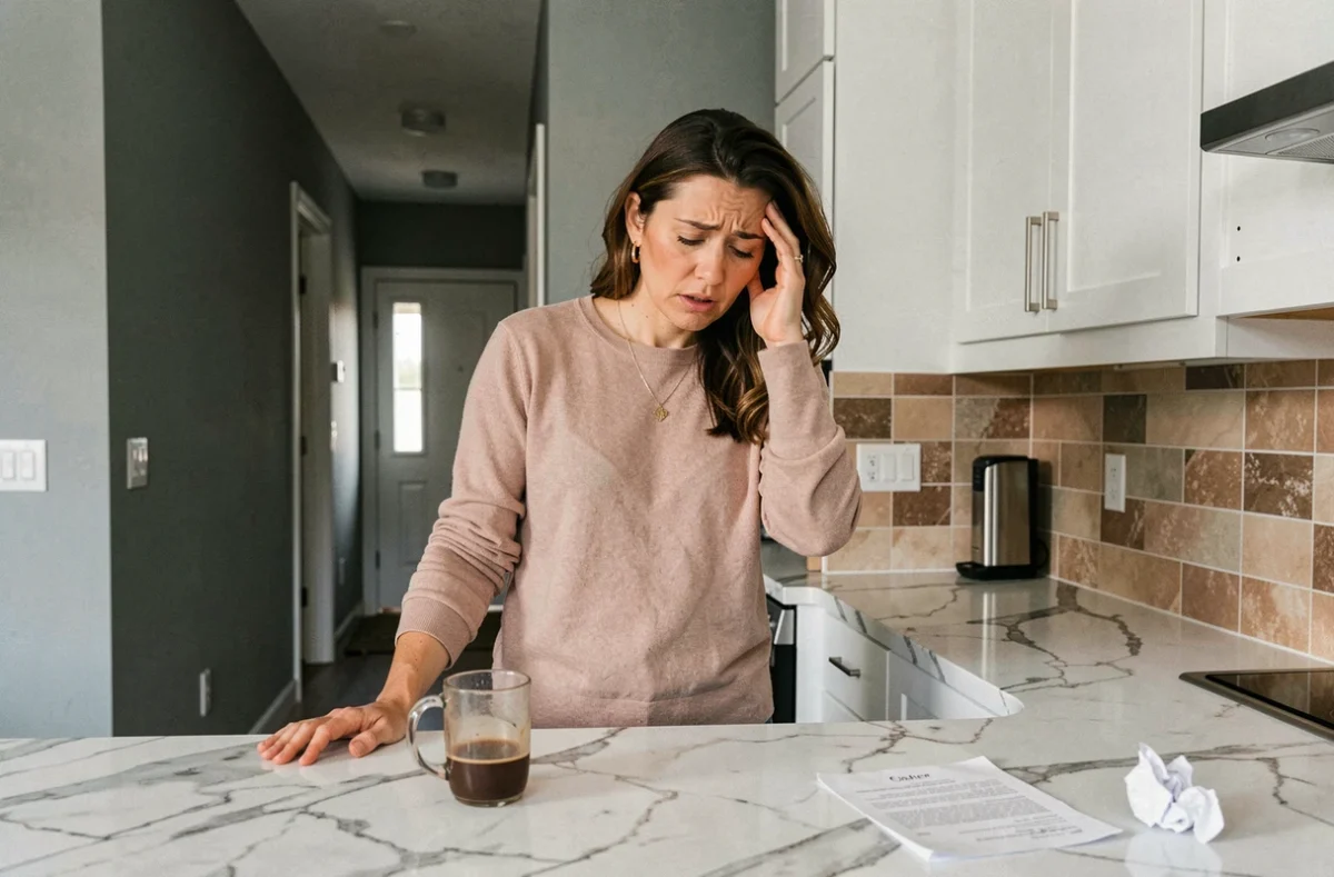 Femme en cuisine exprimant confusion et détresse émotionnelle symbolisant les victimes d'une relation avec un pervers narcissique en crise
