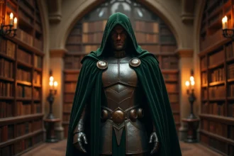 Cosplay ultra-réaliste de Victor von Doom en armure médiévale dans une bibliothèque de château avec artefacts mystiques