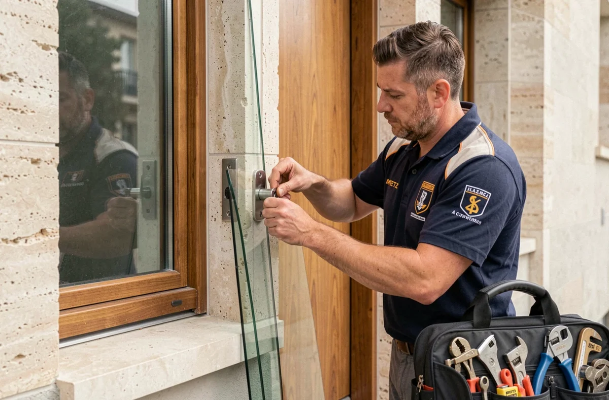 Artisan de Vilet et Fils combinant vitrerie et serrurerie sur une porte-fenêtre d'un immeuble résidentiel à Metz