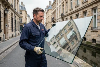 Vitrier professionnel transportant une grande vitre dans une rue de Moselle, immeubles typiques en arrière-plan